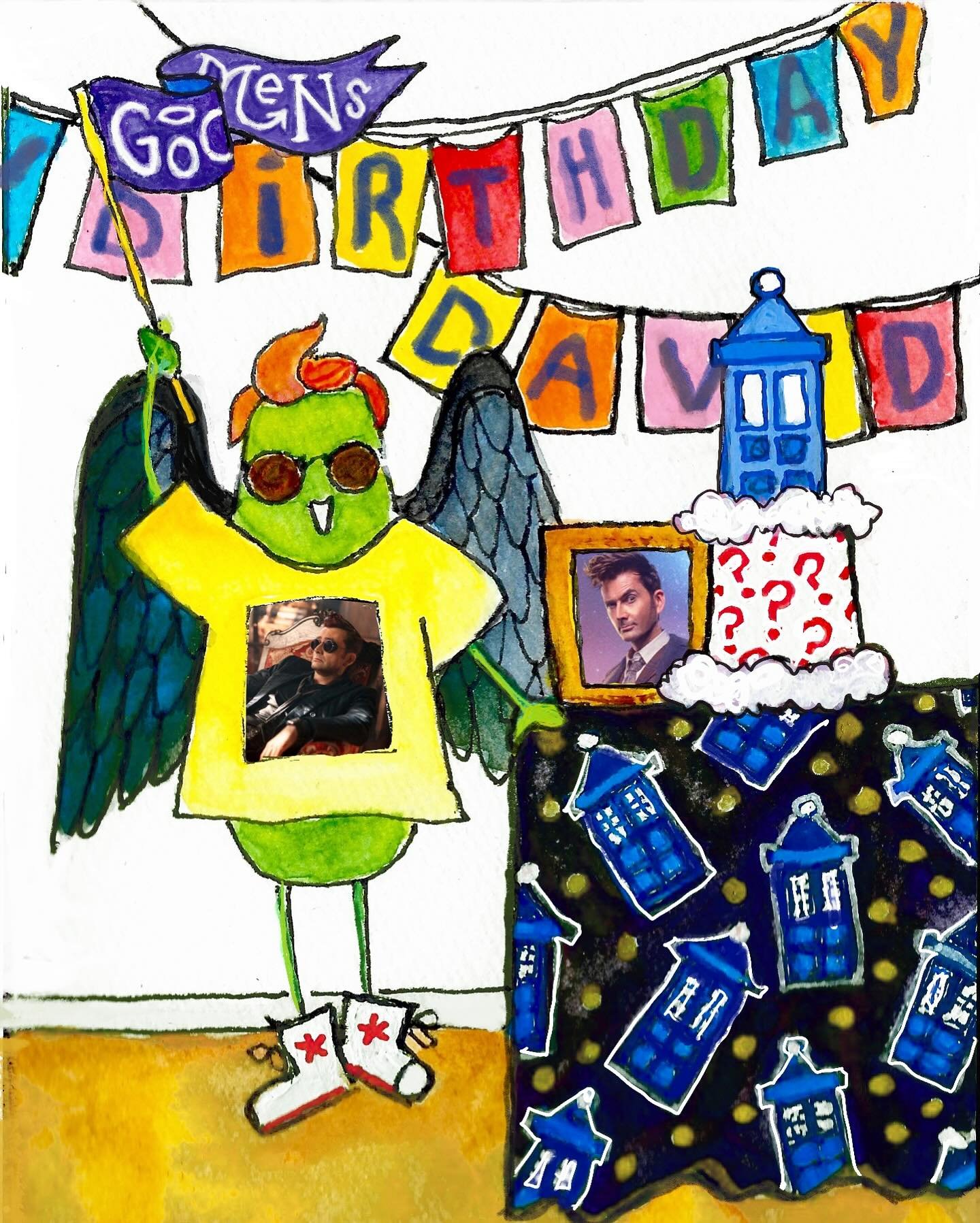 Prudence Pickle wants to wish her &lsquo;crush&rsquo; a happy birthday 🥳 can you guess WHO it is?? 
#prudencepickle #prudencepickleisback #doctorwho #thetenthdoctor #birthdaycelebrations🎉 #goodomens #virginiacreatesillustrations #happybirthdaydavid