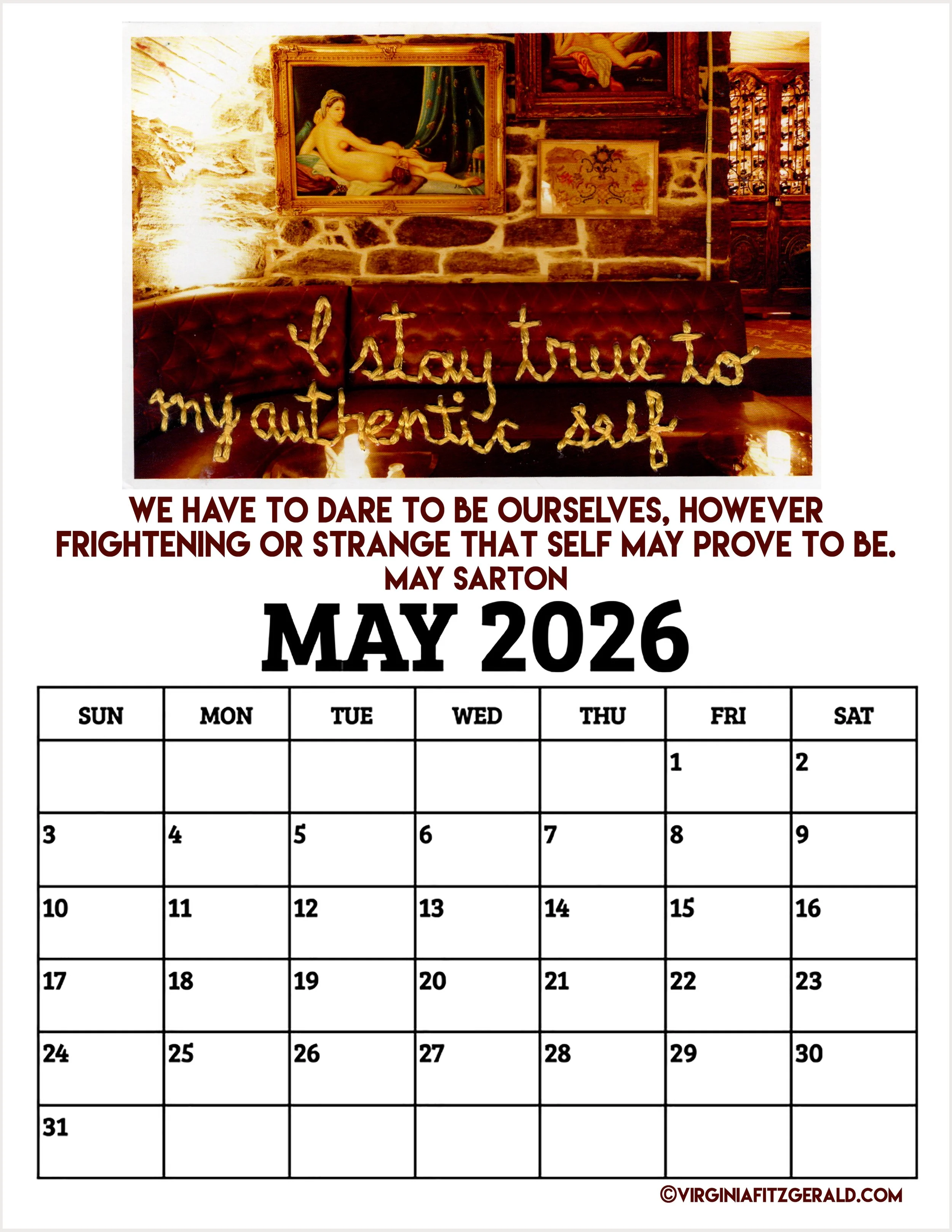 may calendar with embroidered affirmations about authentic self