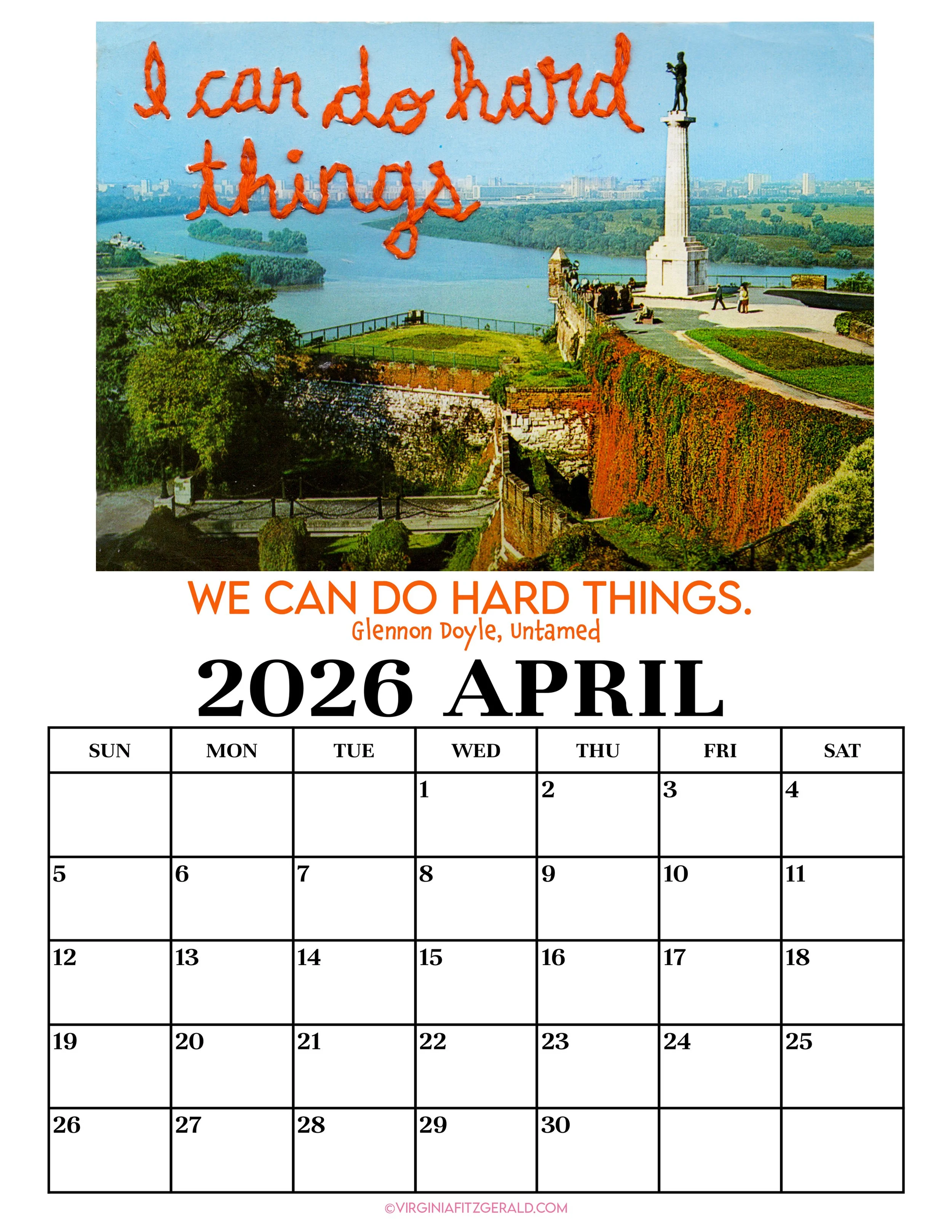 virginiacreates monthly calendar with embroidered postcard 'i can do hard things'