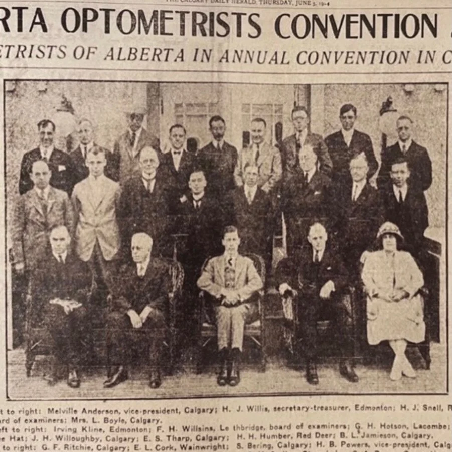 1924 Alberta Optometrists Convention. My great-grandfather found in the middle of the group. Back then, it meant something diﬀerent. You
can feel it in the images. The way they stood. The way they dressed. Boots tied, polished.
Posture straight. Pres