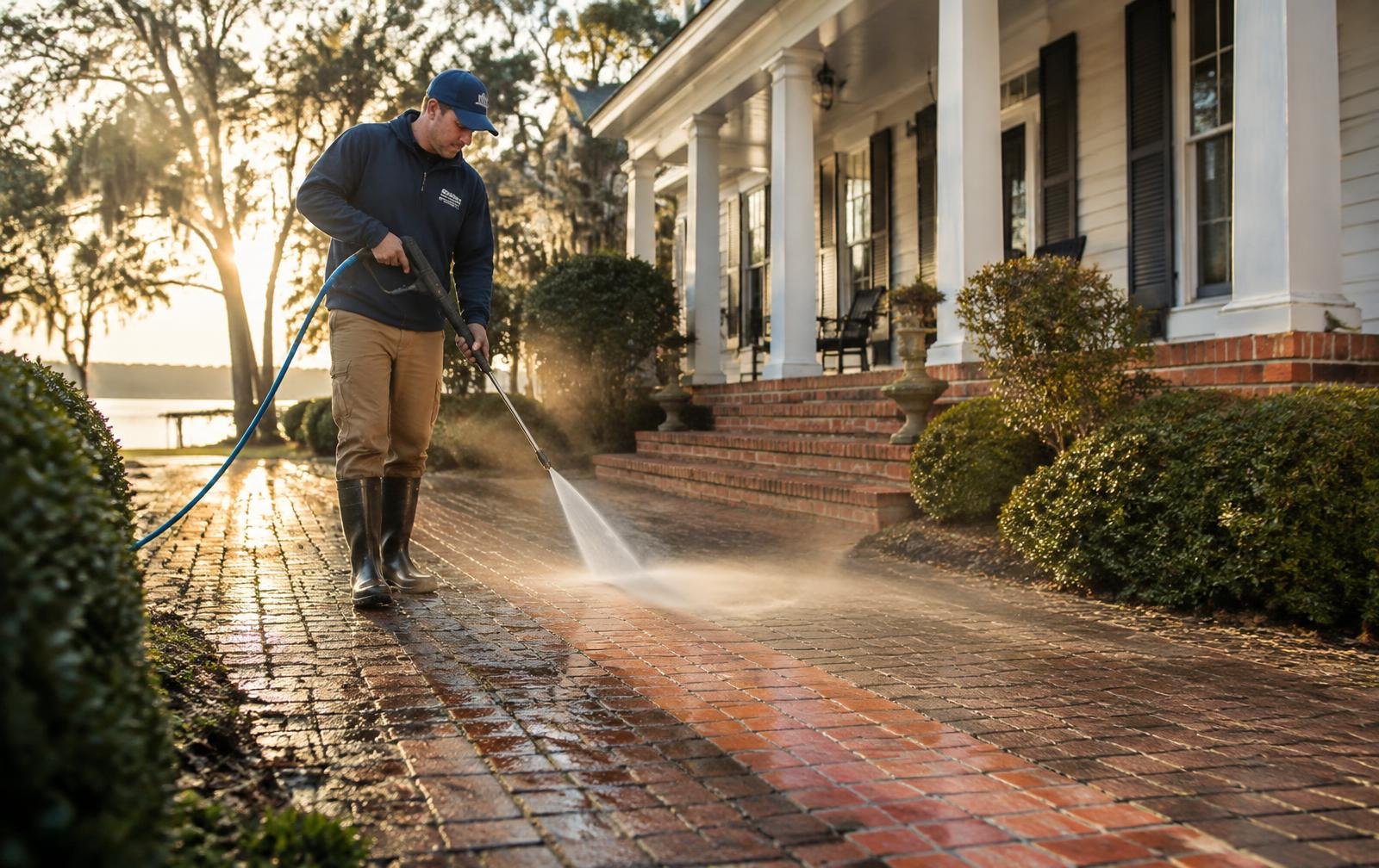 Worker pressure-washing a brick walkway in front of a Southern-style house.
