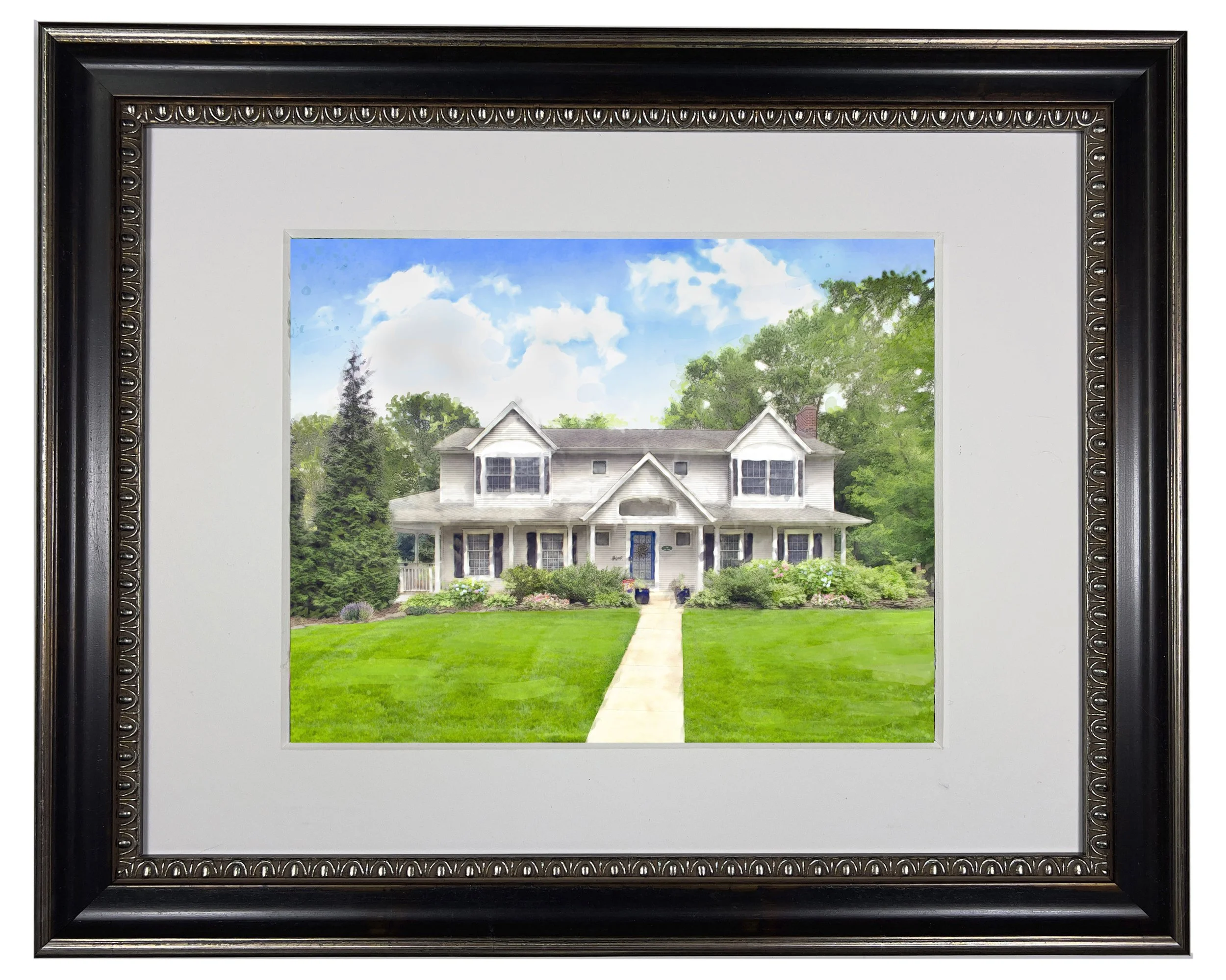 Ornate black frame with silver bead trim