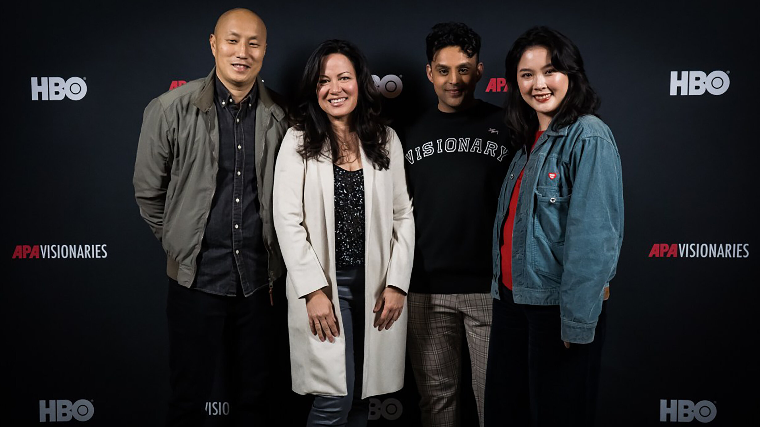  Dinh Thai, Shannon Lee (Bruce Lee Foundation), with HBO Visionaries 2018, 2019 winners, writers/directors Nirav Bhakta, and Fiona Rona 