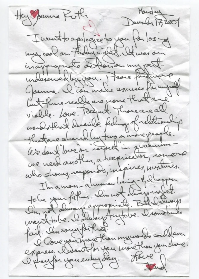 I want to apologize to you for losing my cool on Friday night. It was an inappropriate action on my part - undeserved by you. Please forgive me Joanna. I can make excuses for myself but there really are none that are viable. Love. Respect. Those are all words that describe feelings of relationship that are shared by two or more people. We don't "love" or "respect" in a vacuum - we need another, a reciprocator, someone who shows, responds, inspires, nurtures. I'm a man - a human being - and I happen to be your father. I'm not always right. I'm not always appropriate. But I always want to be. I always try to be. I sometimes fail. I'm sorry for that. I love you more than my words could ever express. I want for you more than your share. I pray for you every day.