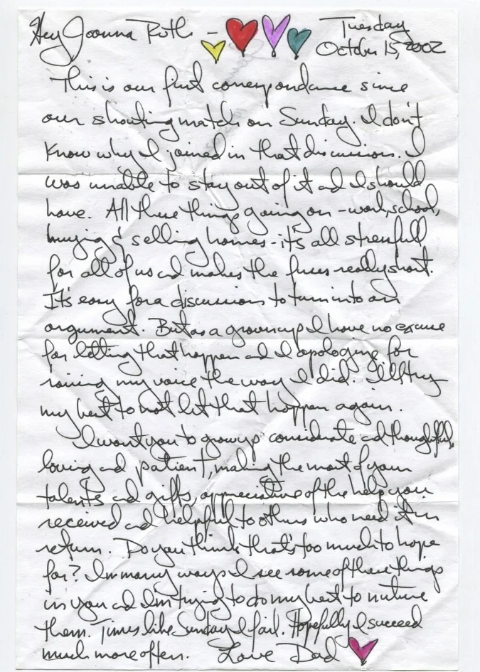 This is our first correspondence since our shouting match on Sunday. I don't know why I joined in that discussion. I was unable to stay out of it and I should have. All these things going on - work, school, buying and selling homes - it's all stressful for all of us and makes the fuses really short. It's easy for a discussion to turn into an argument. But as a grownup I have no excuse for letting that happen and I apologize for raising my voice the way I did. I'll try my best to not let that happen again. I want you to grow up considerate and thoughtful, loving and patient, making the most of your talents and gifts, appreciative of the help you received and helpful to others who need it in return. Do you think that's too much to hope for? In many ways I see some of these things in you and I'm trying to do my best to nurture them. Times like Sunday I fail. Hopefully I succeed much more often.
