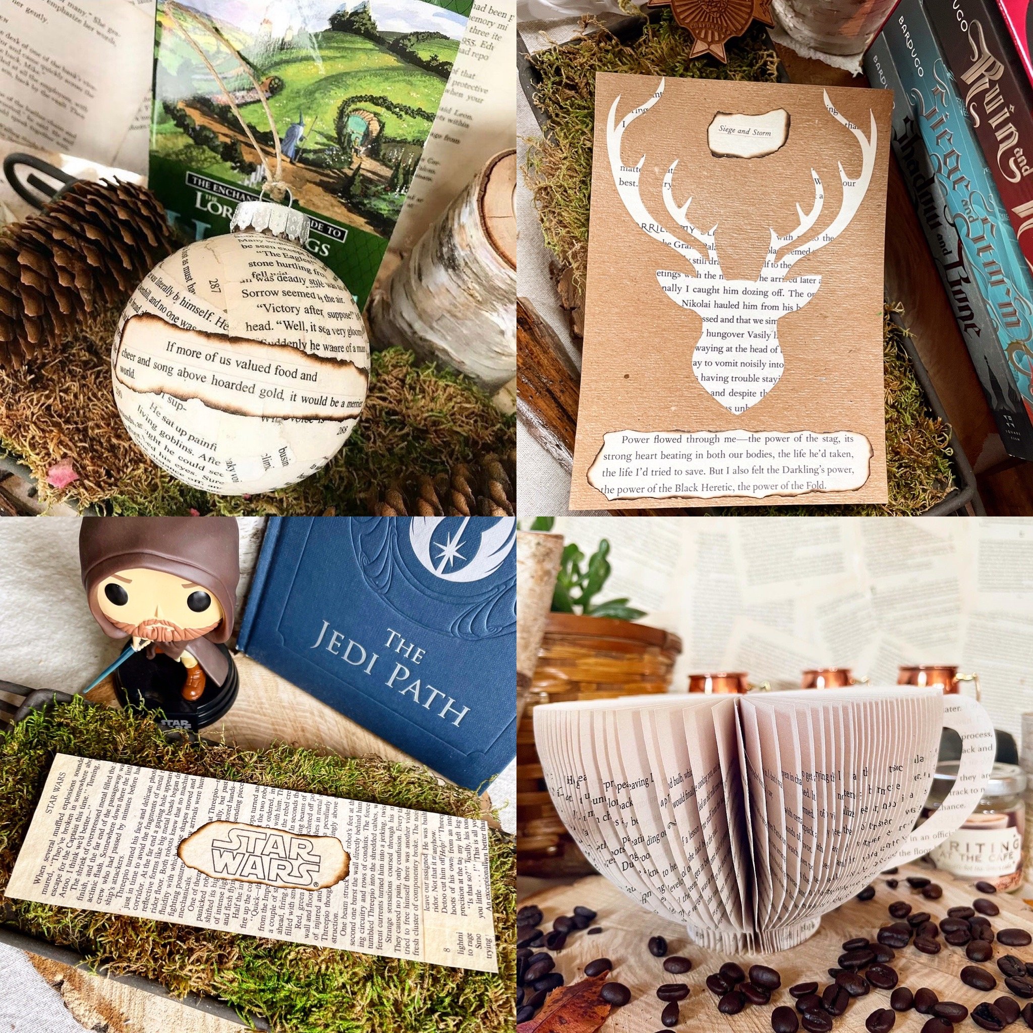 Collage of Repurposed Words By Reese product photos including a print, ornament, bookmark and coffee cup book sculpture