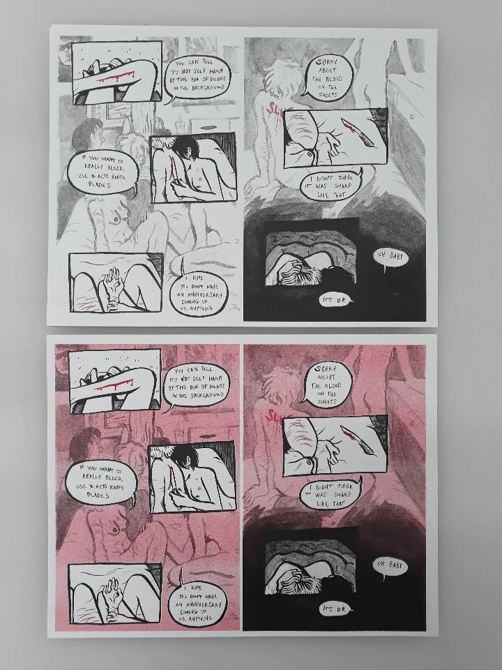 Two riso printed versions of “Knife Play”.