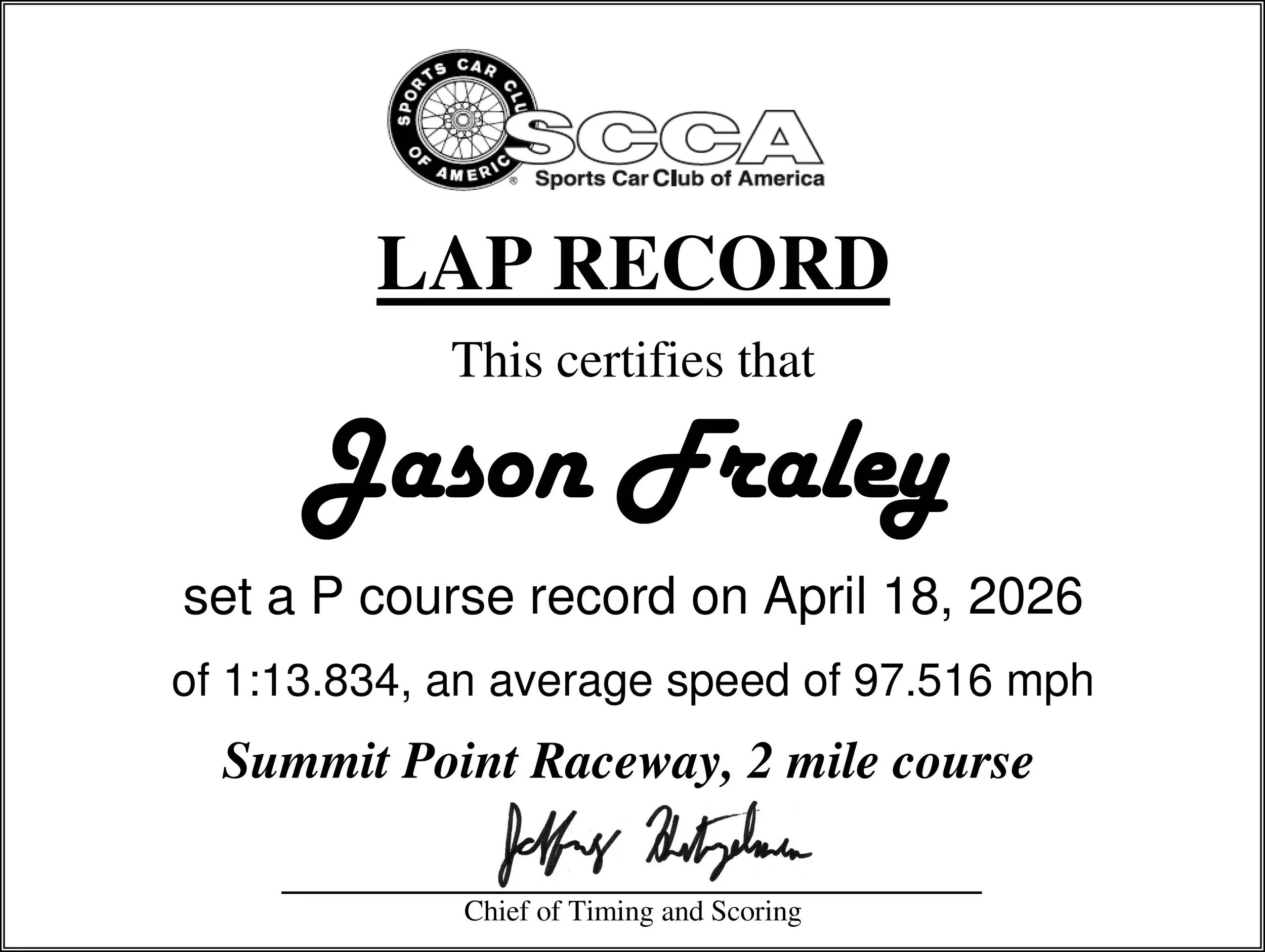 New Lap Record — Washington D.C. Region SCCA (WDCR SCCA)