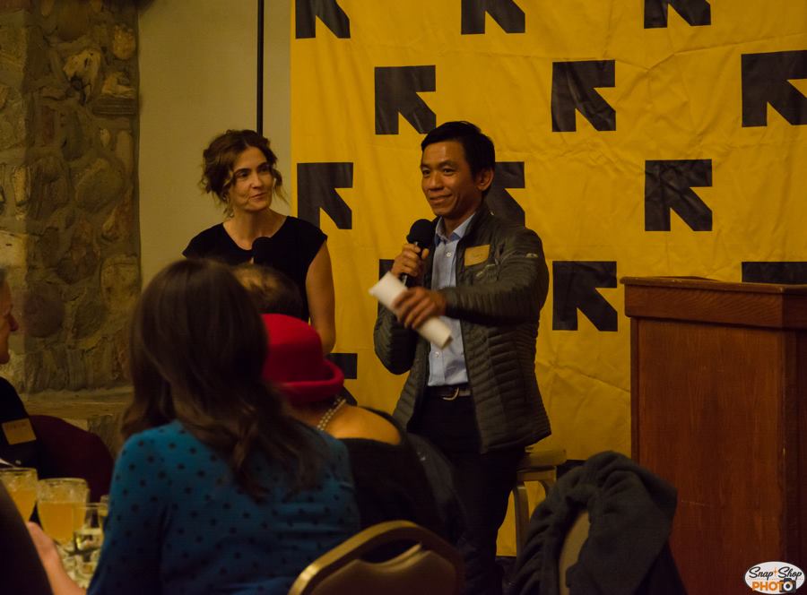  Longtime volunteer and friend of the IRC, Claire Adams, acted as master of ceremonies relating personal stories, facilitating a Q&amp;A with new American entrepreneur Aung Thang, and presenting our Rescue Partner awards. 