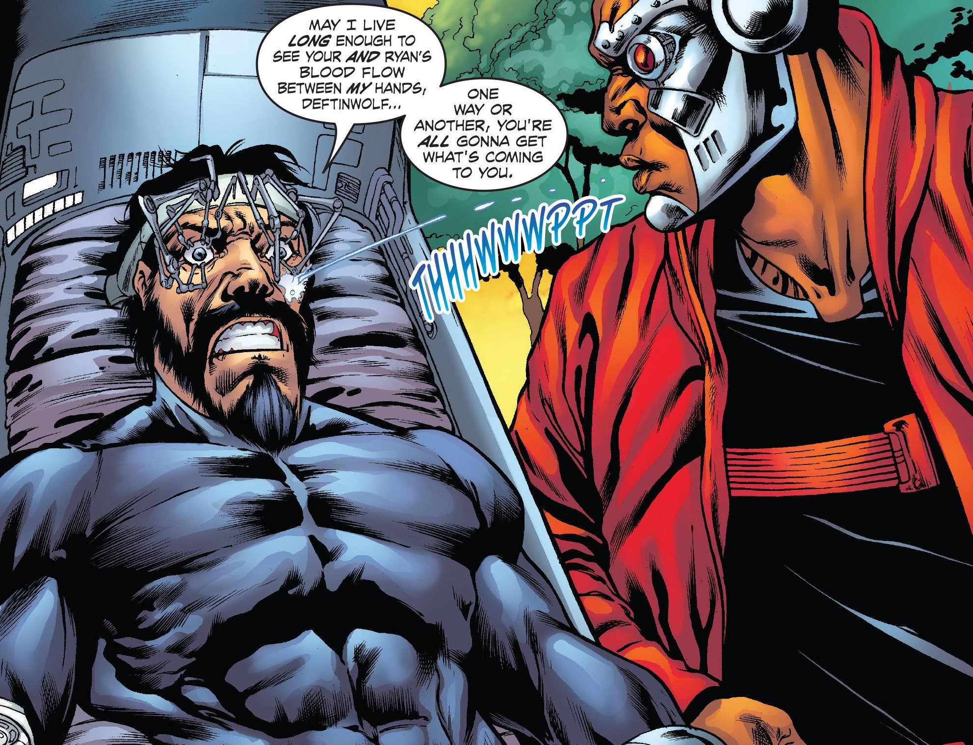 While Coheed is captured, Mayo comes to give him a good, healthy spit in the face.