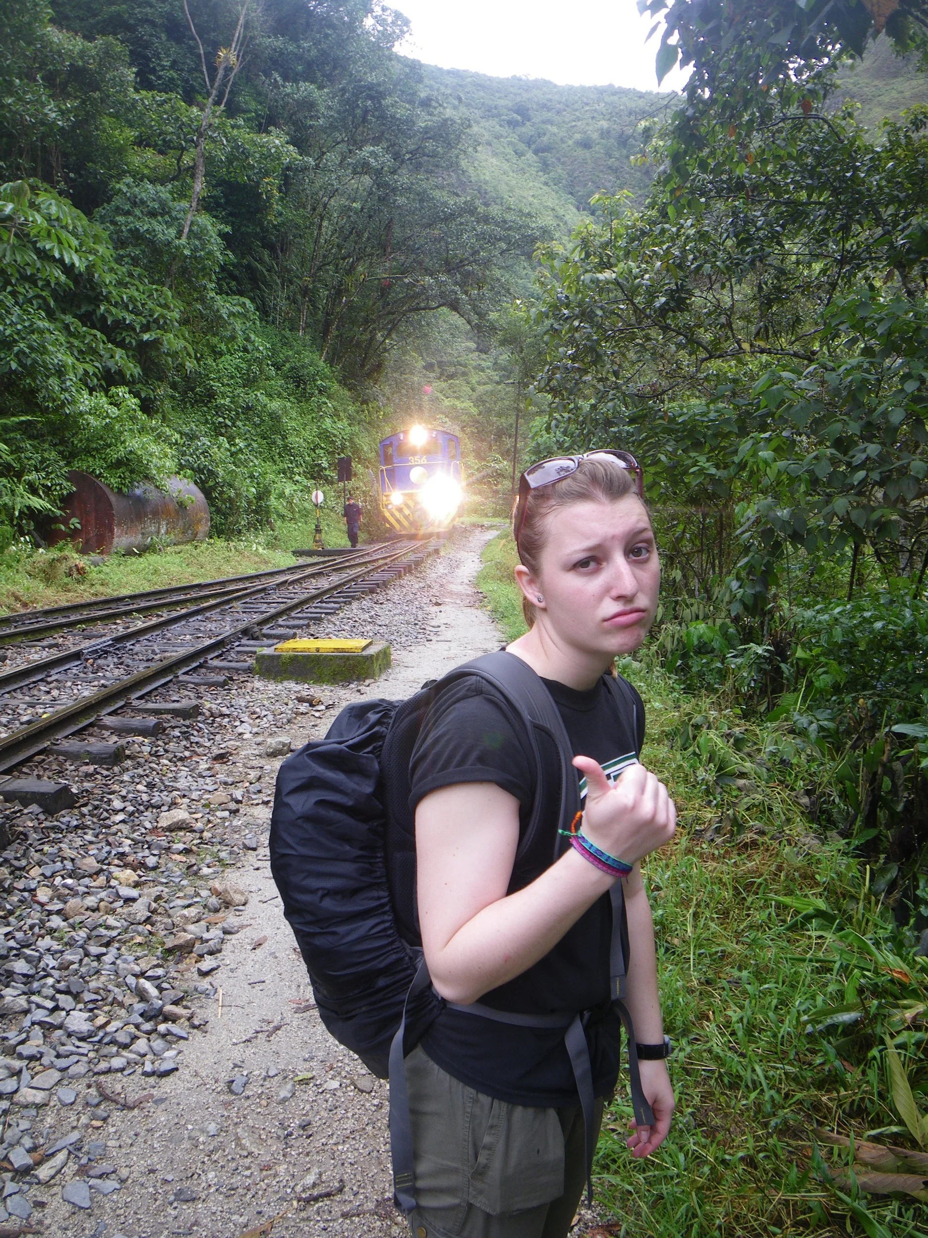  Melanie and I hiking to Machu Picchu. &nbsp;That's the iconic blue and yellow train that is the only ground transport to Machu Picchu. 