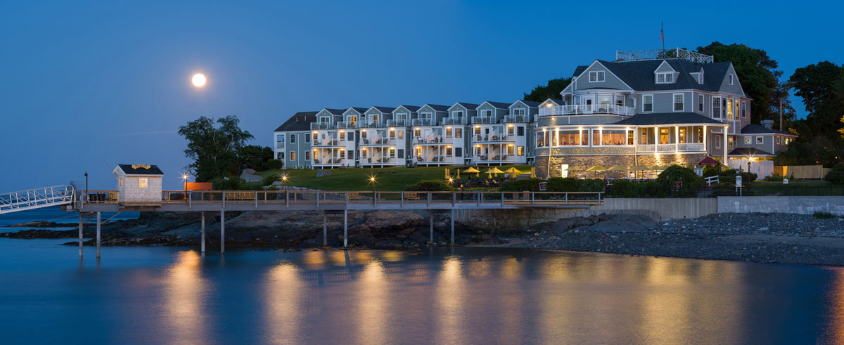 Hotel and moonrise, Bar Harbor, Maine