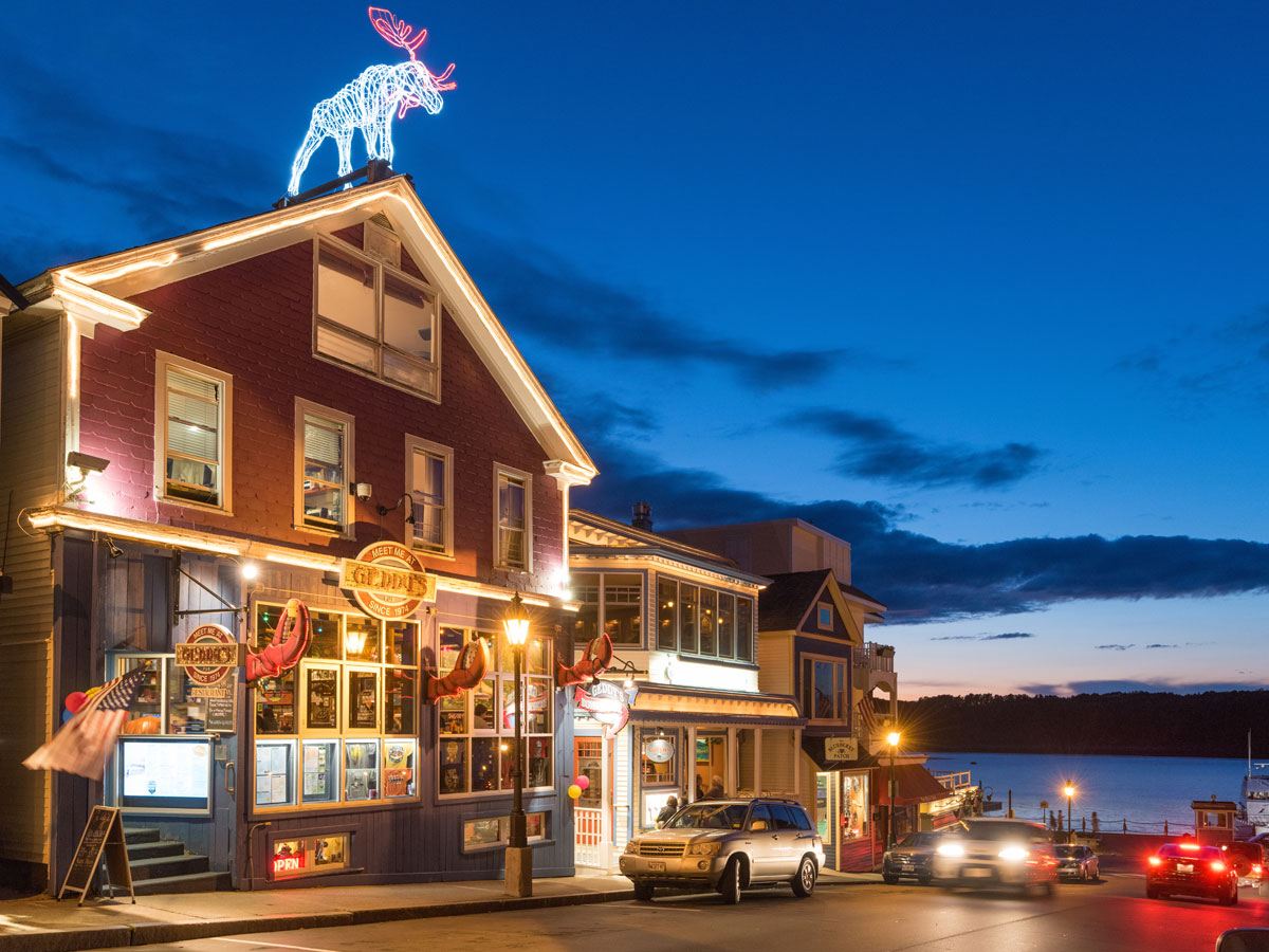 Restaurant and shops, downtown Bar Harbor, Maine
