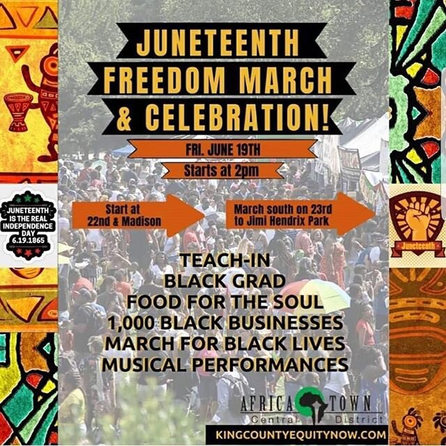 From @africatownsea⁣
⁣
Come out tomorrow for the #Juneteenth Freedom March &amp; Celebration. ⁣
⁣
[ 2 PM ] @ DeCharlene's Salon on 22nd &amp; Madison in the Central Area⁣
&rarr; There, we will honor the late DeCharlene Williams, who founded the Centr