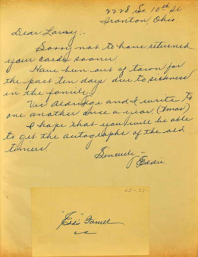 Handwritten letter from Eddie Farrell to an autograph collector
