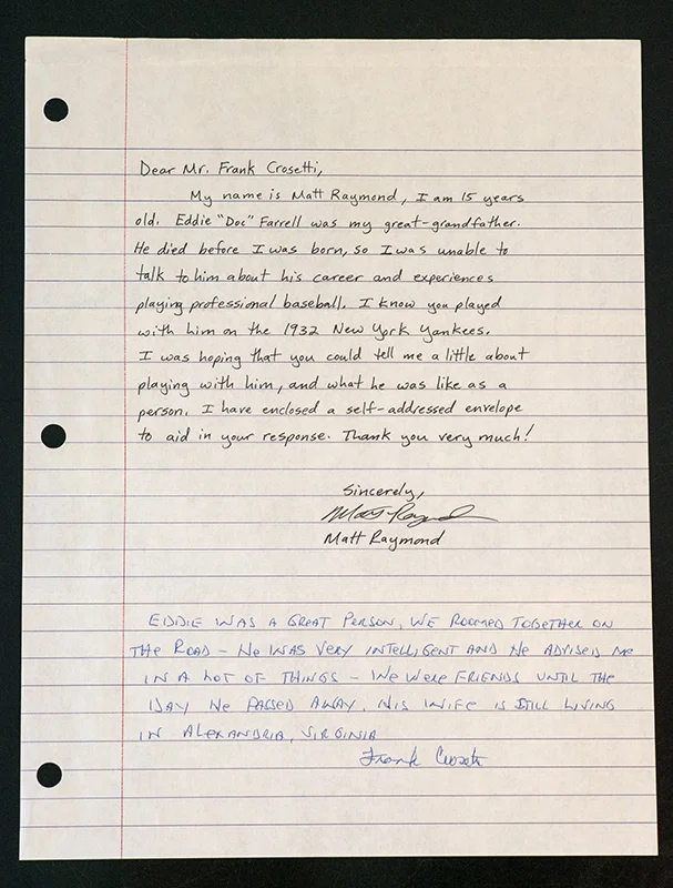 Frank Crosetti on New York Yankees teammate Eddie Farrell: "He was a great person."