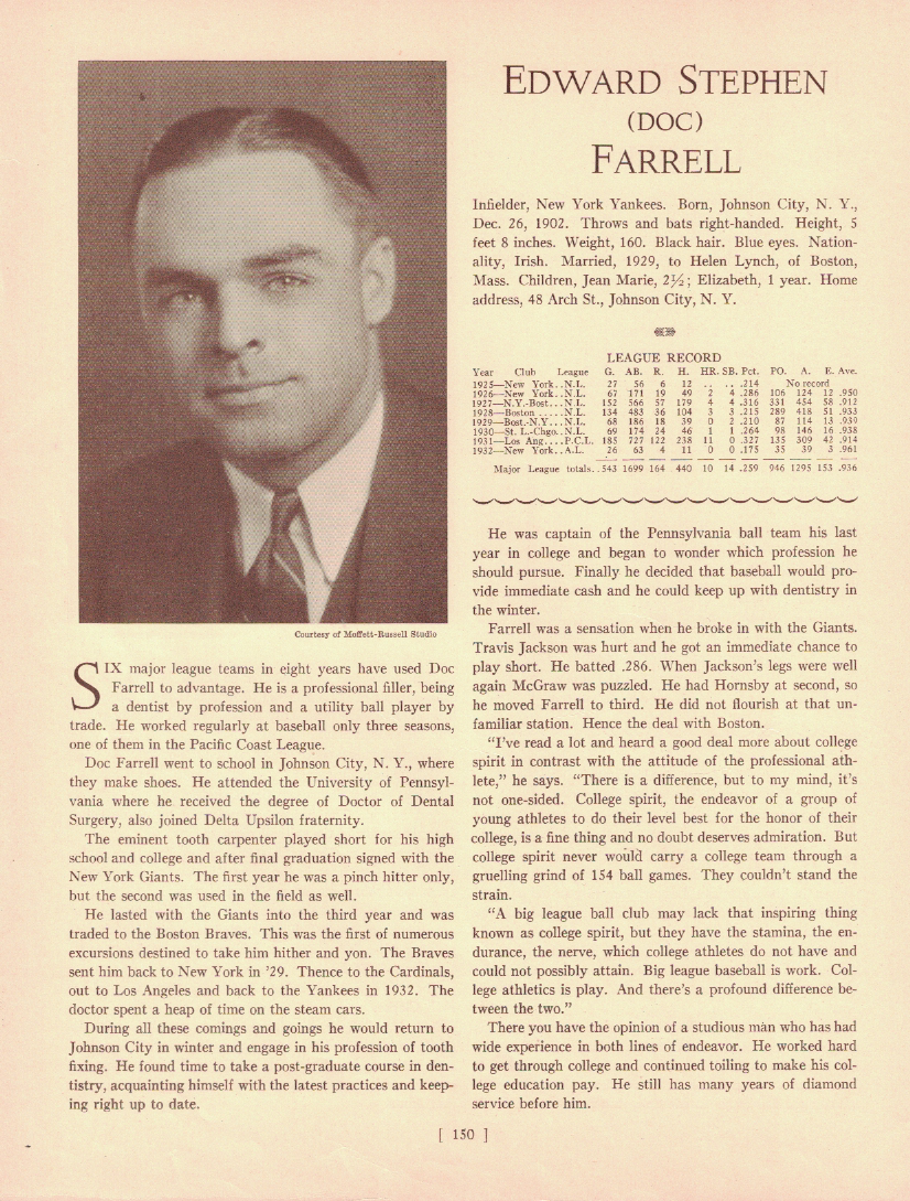 1933 Who's Who in Major League Baseball Biography: Edward Stephen (Doc) Farrell