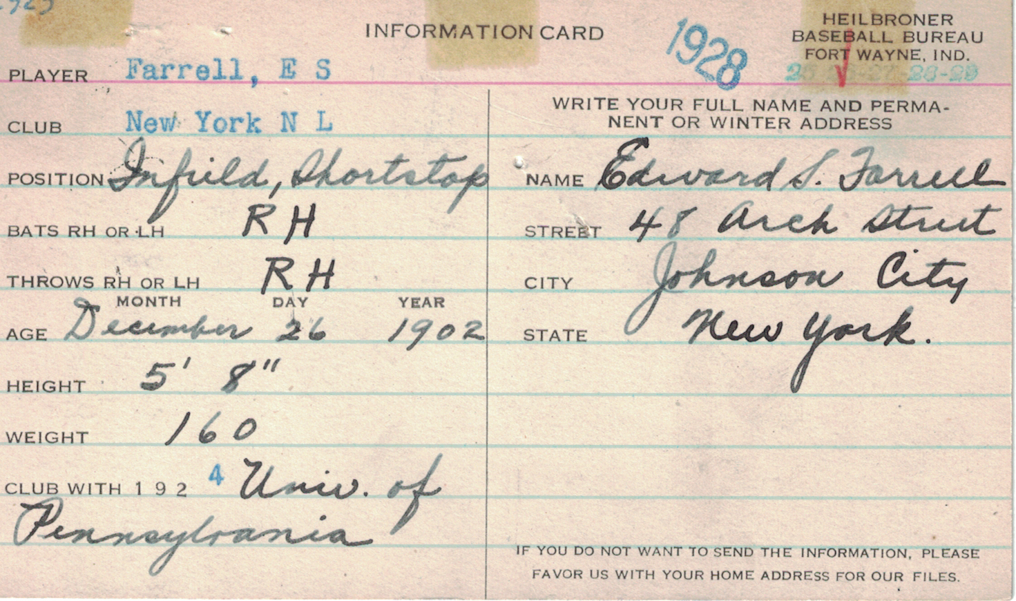 1928 Heilbroner Baseball Bureau Information Card - Eddie Farrell