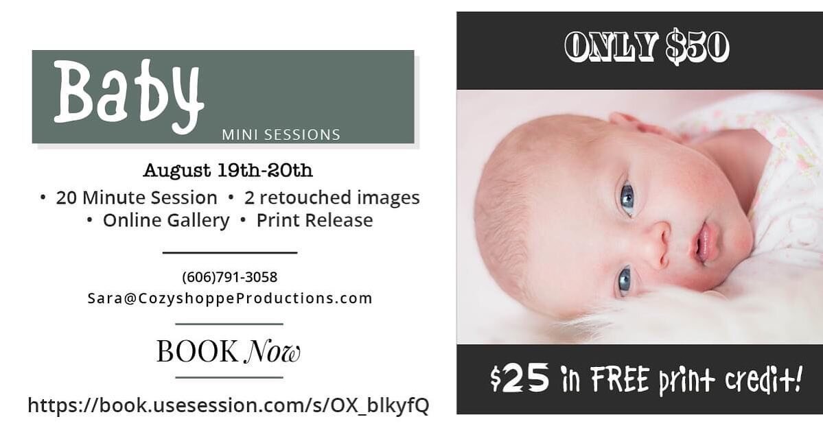 Let's get some new pictures of your littlest love. Only $50 for a 20 minute session. I'm even giving you $25 in print credit for FREE! August 19th-20th.
Book here: https://book.usesession.com/s/OX_blkyfQ #babyphotography #lexingtonphotographer #newst