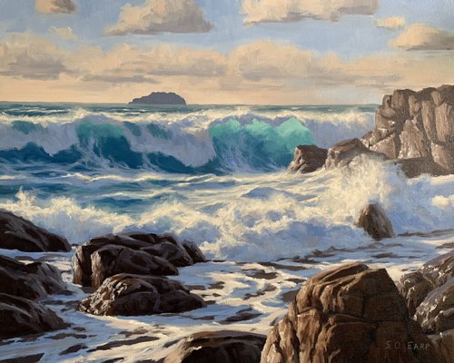 Dream Oil painting seascape Calm sea with Small waves and huge rocks by beach