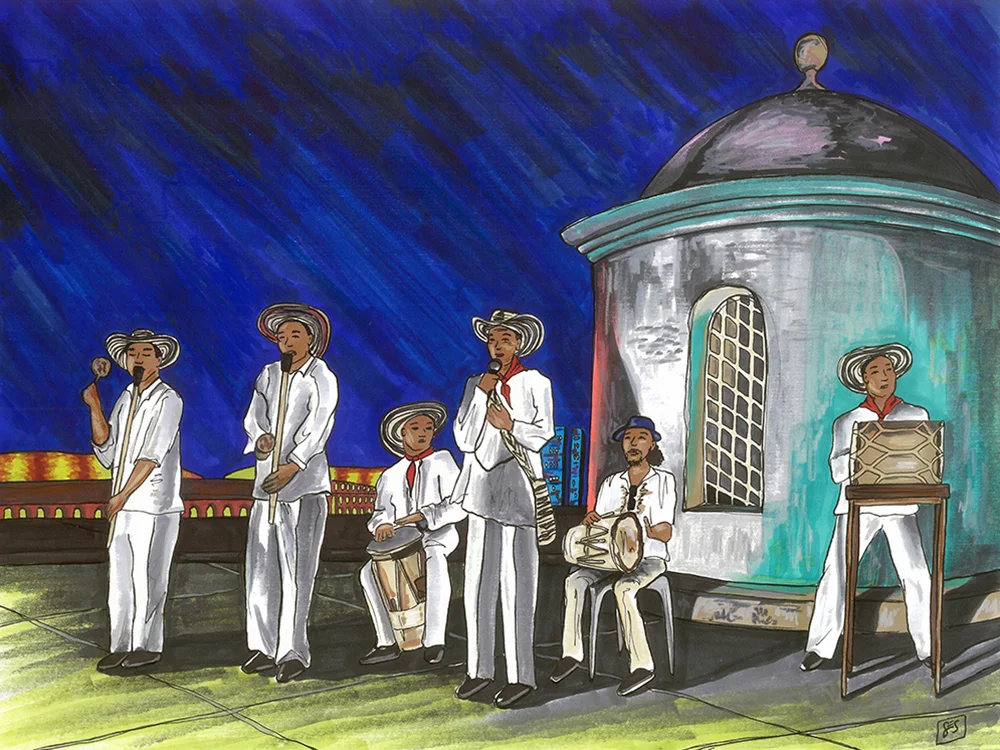 Cumbia Musicians on Cartagena’s Muralla, 11"x14", 2015