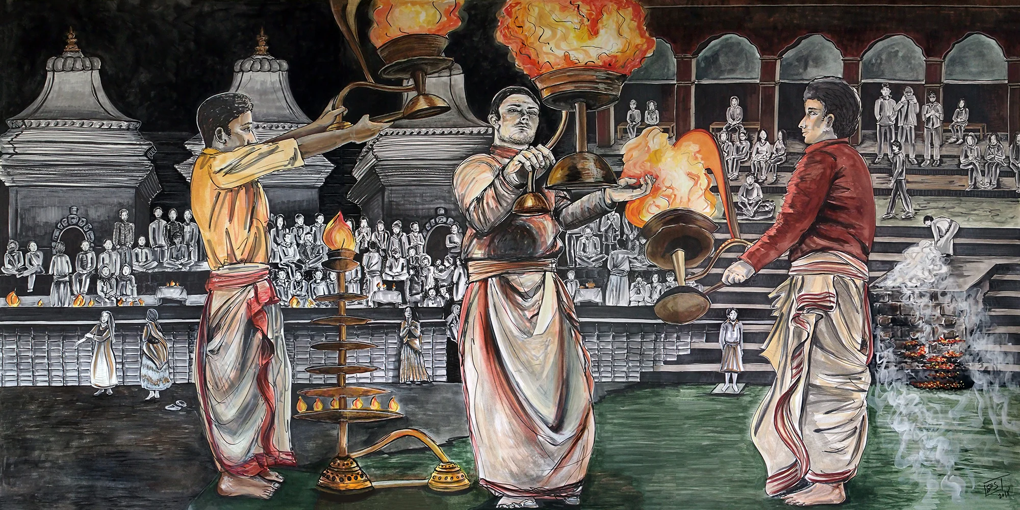 Aarati Ceremony at Pashupatinath, Kathmandu, Nepal. Mixed-media on paper. 6 ft x 3 ft (1.83 m x 91.4 m) 2017-18.