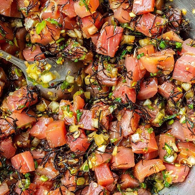Our Shoyu Ahi poke is made with some familiar friends, like scallion, sweet onion, ginger, chili, sesame oil, and shoyu, but it also has a couple ingredients that not everyone has heard of before. The first is inamona, which is chopped kukui nut, aka