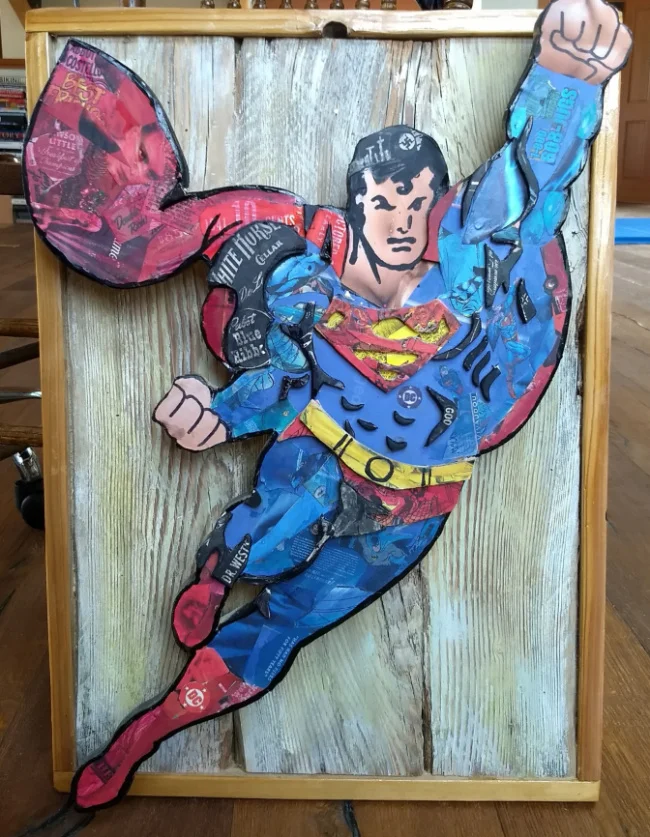    RUSTIC SUPERMAN    20 by 16. mixed media, comics, on reclaimed wood. 2017 