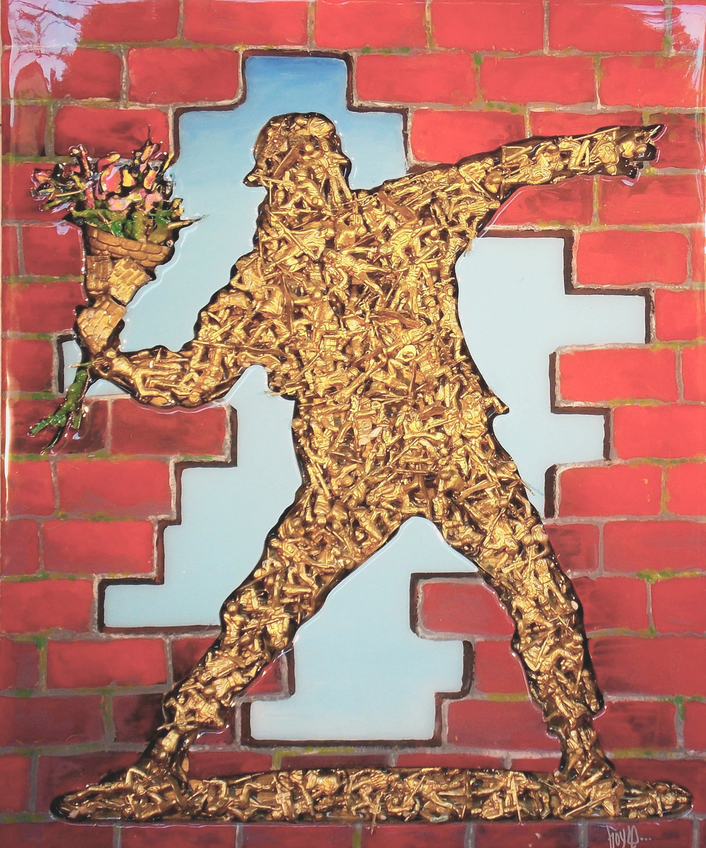    BREAK ON THROUGH    24 by 20, toy soldiers, acrylic, resin, on wood. 2017    