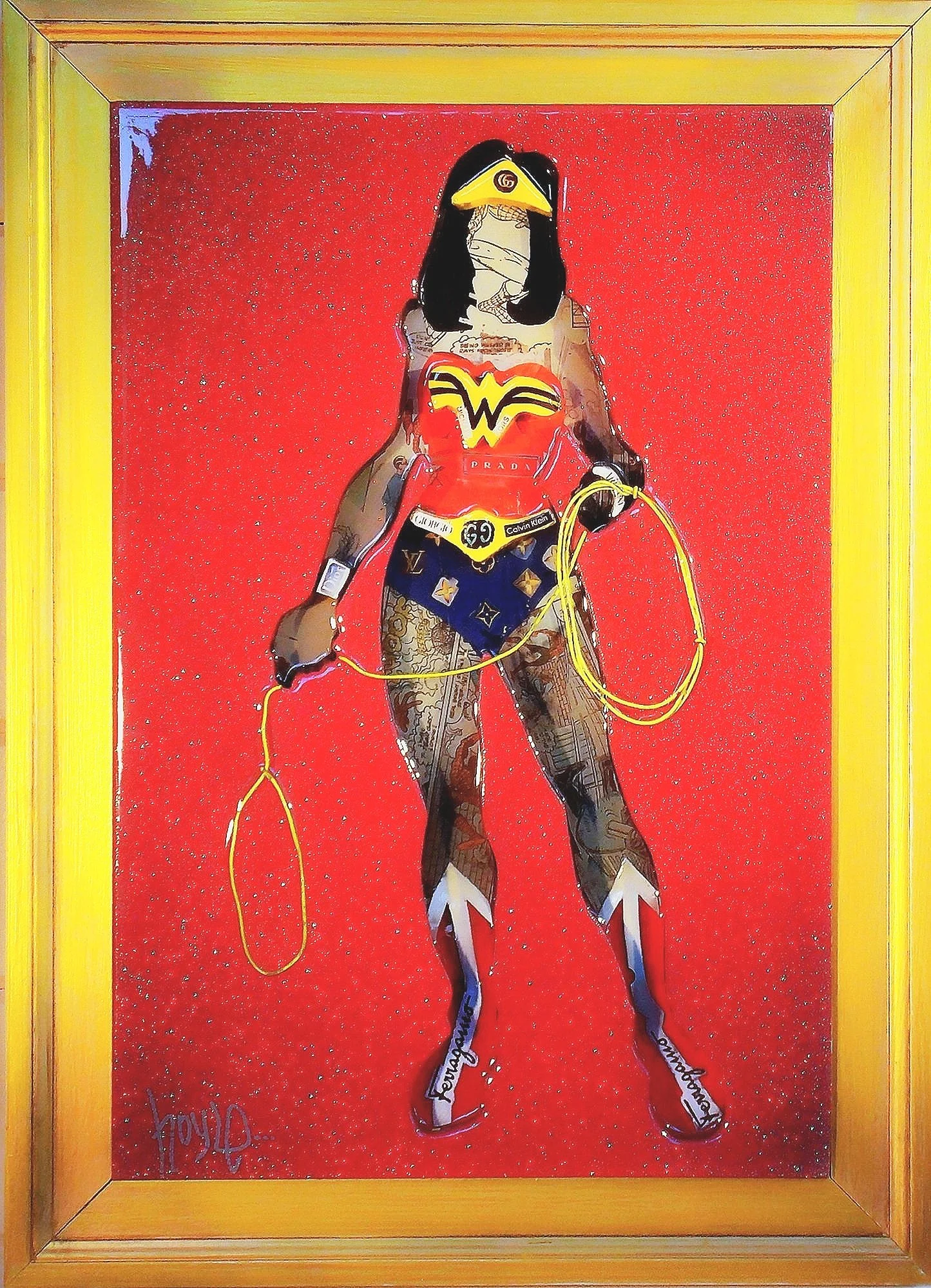    WONDER WHAT THAT SUIT COSTS?    20 BY 14. COMIC BOOKS, ADVERTISEMENTS, WOOD, WIRE, RESIN, ACRYLIC ON WOOD.  2017 