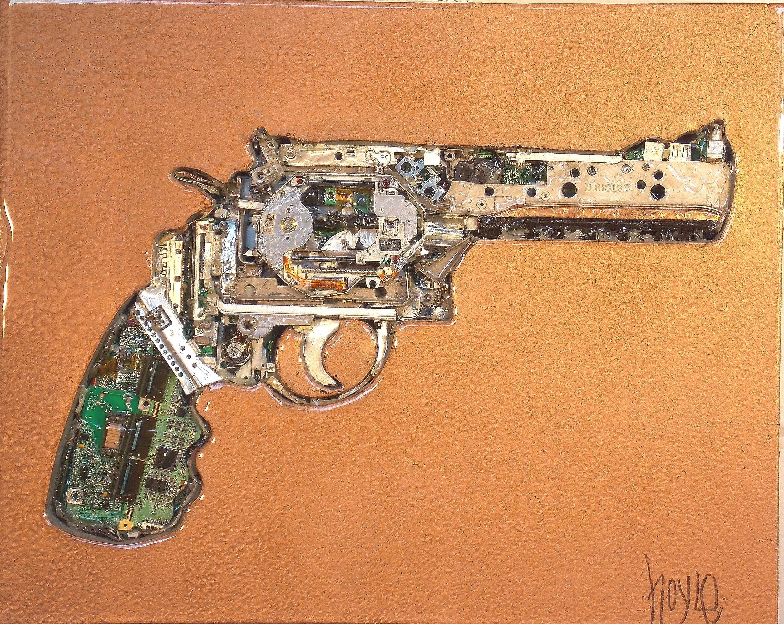    Digital Warfare    20 by 16. computer parts, enamel, on wood. 2017    