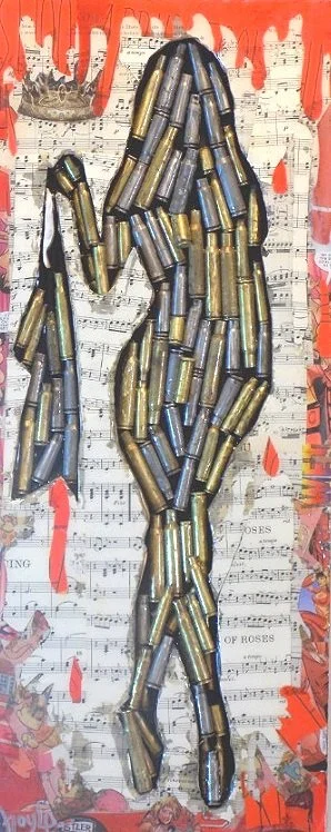    LOVE IS MURDER    22 BY 10. BULLET SHELLS, SHEET MUSIC, ,RESIN ON WOOD .2017 