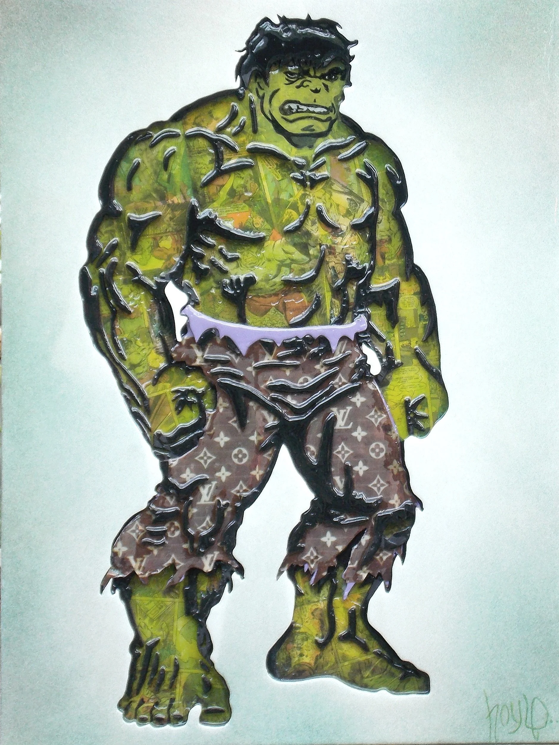    DESIGNER HULK      36 BY 24. WOOD, CUTOUTS, COMICS, RESIN, ACRYLIC ON WOOD. 2017   