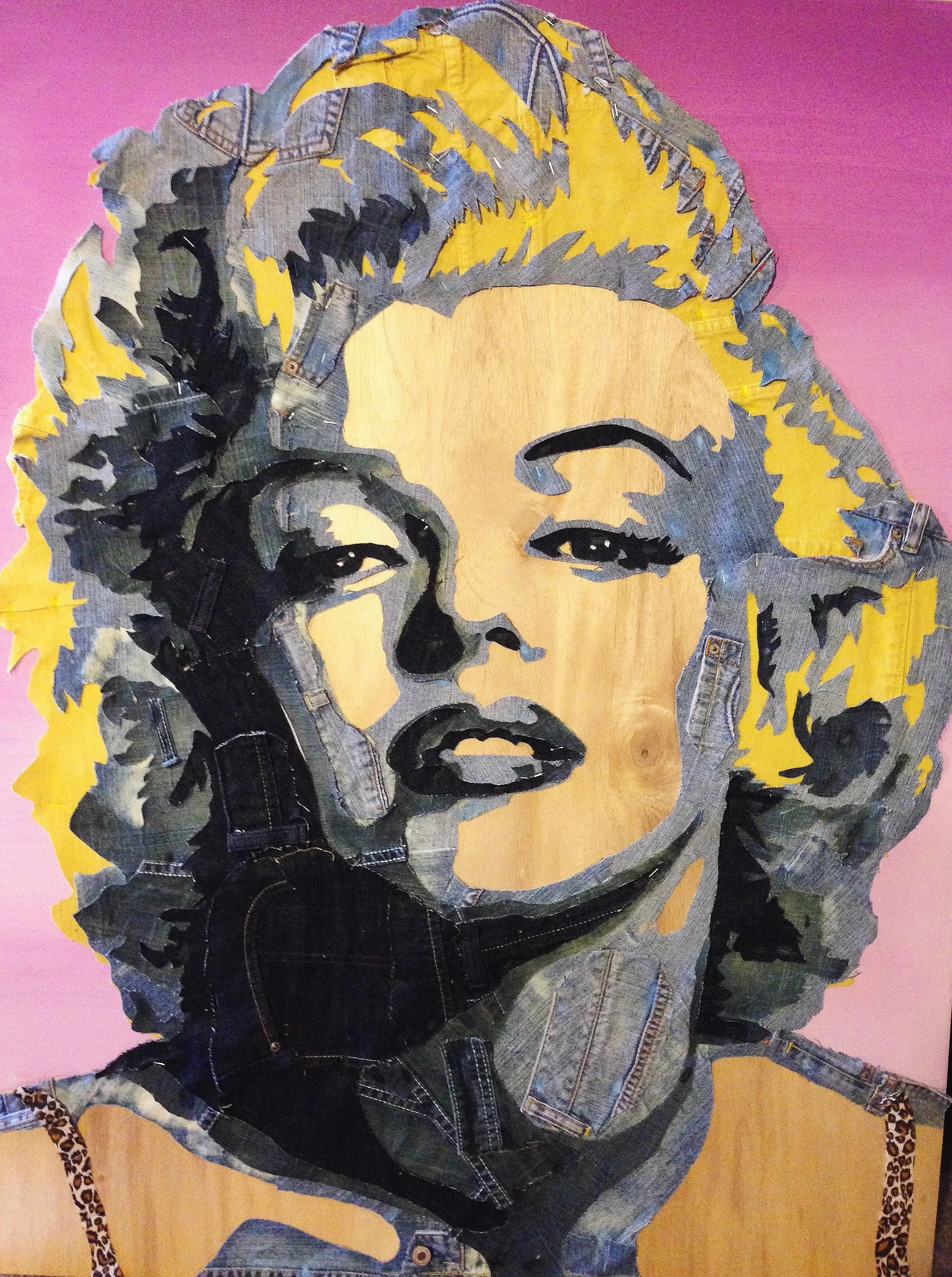    DENIM ICON    48 by 36, jeans, acrylic, on wood.&nbsp; 2015     