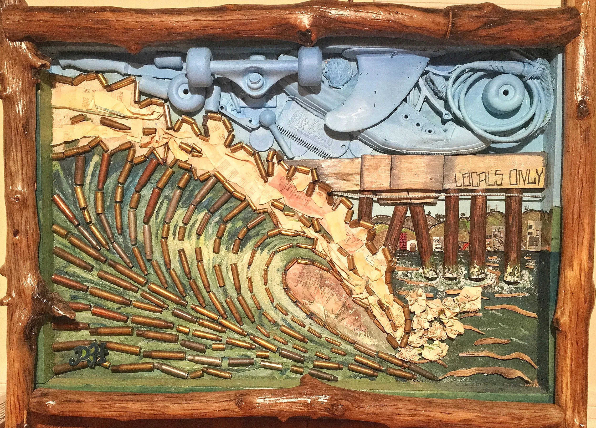    Locals OnlY    32 by 22, mixed media, driftwood frame, on wood. 2016    