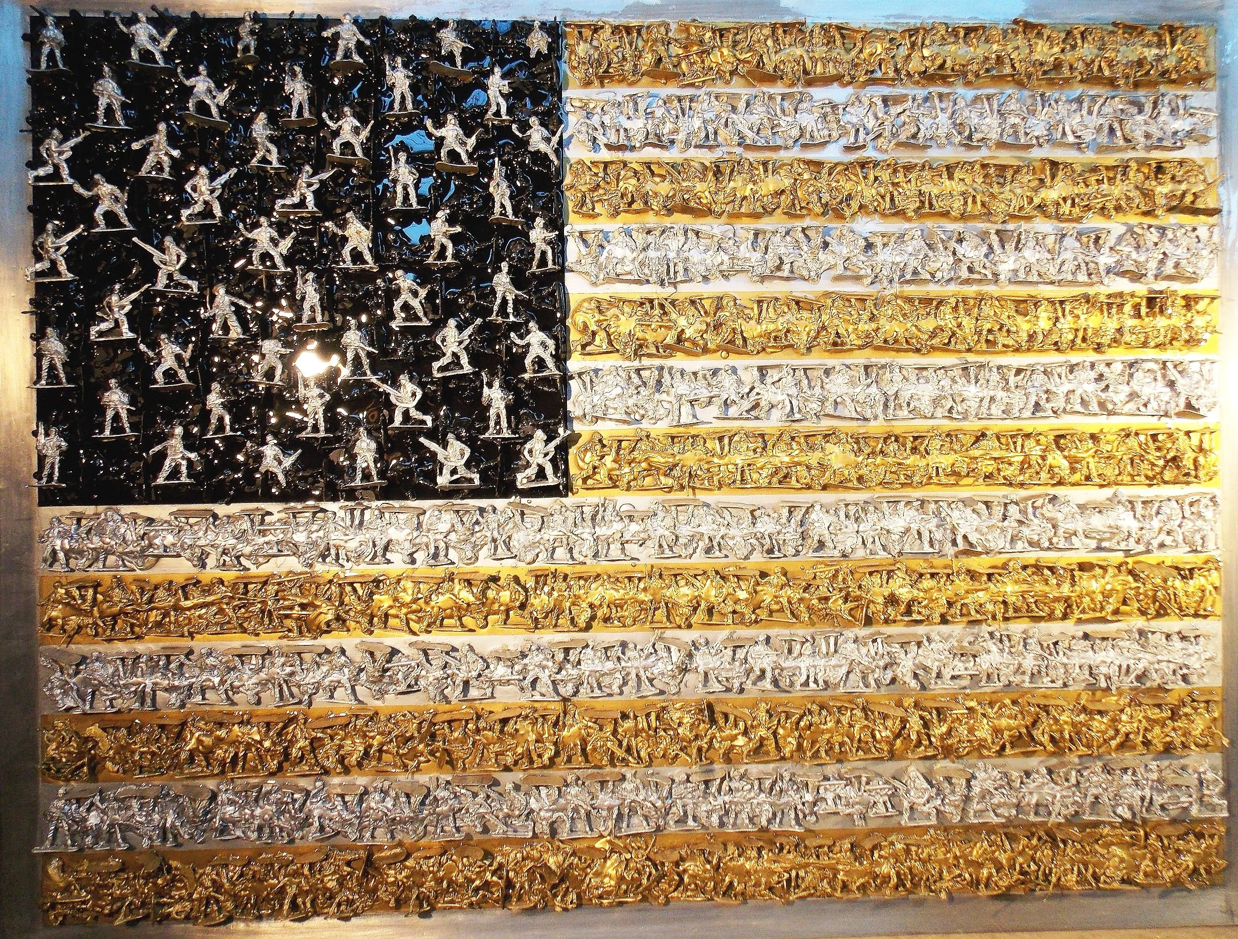    Commodity Flag.&nbsp;    45 by 35, toy soldiers, enamel, on aluminum. 2016    