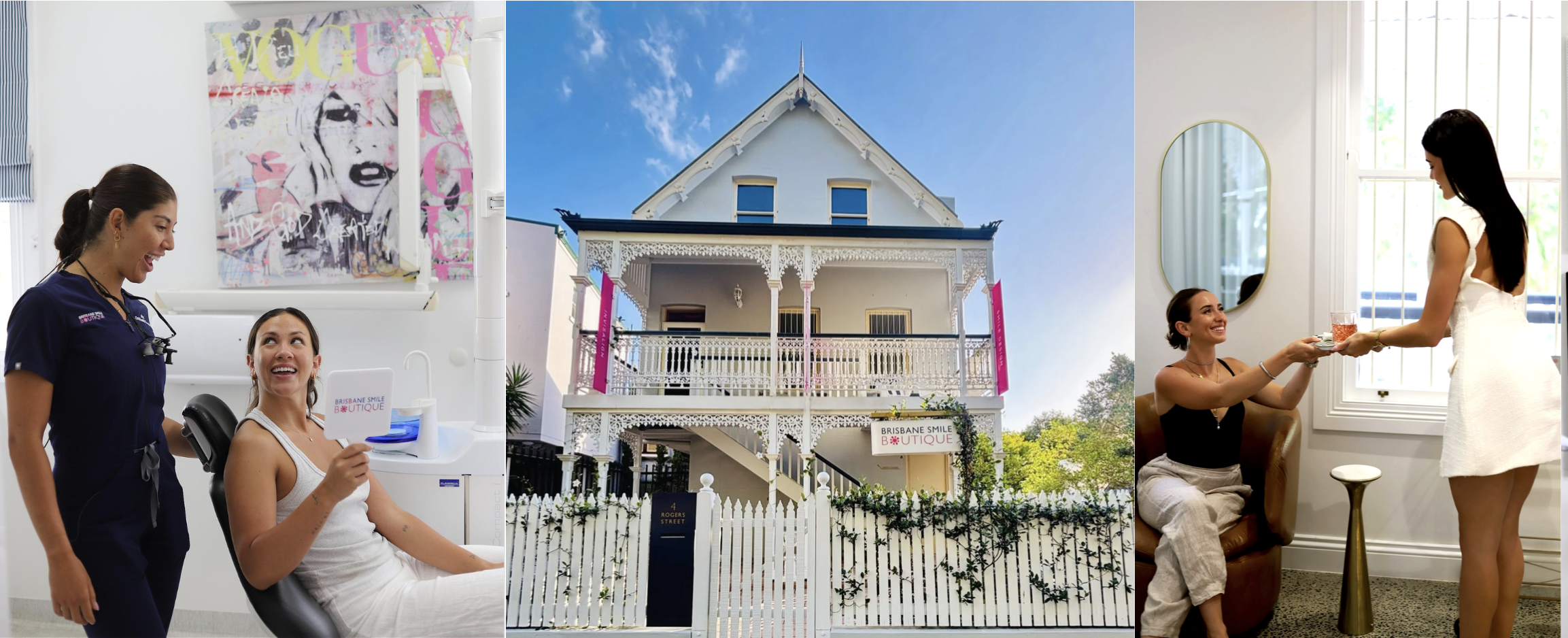 female dental professional with a patient smiling in th mirror, a freestanding white 3 story heritage house with a white picket fence that says brisbane smile boutique, and a woman accepting tea in a waiting room from a dental reception team