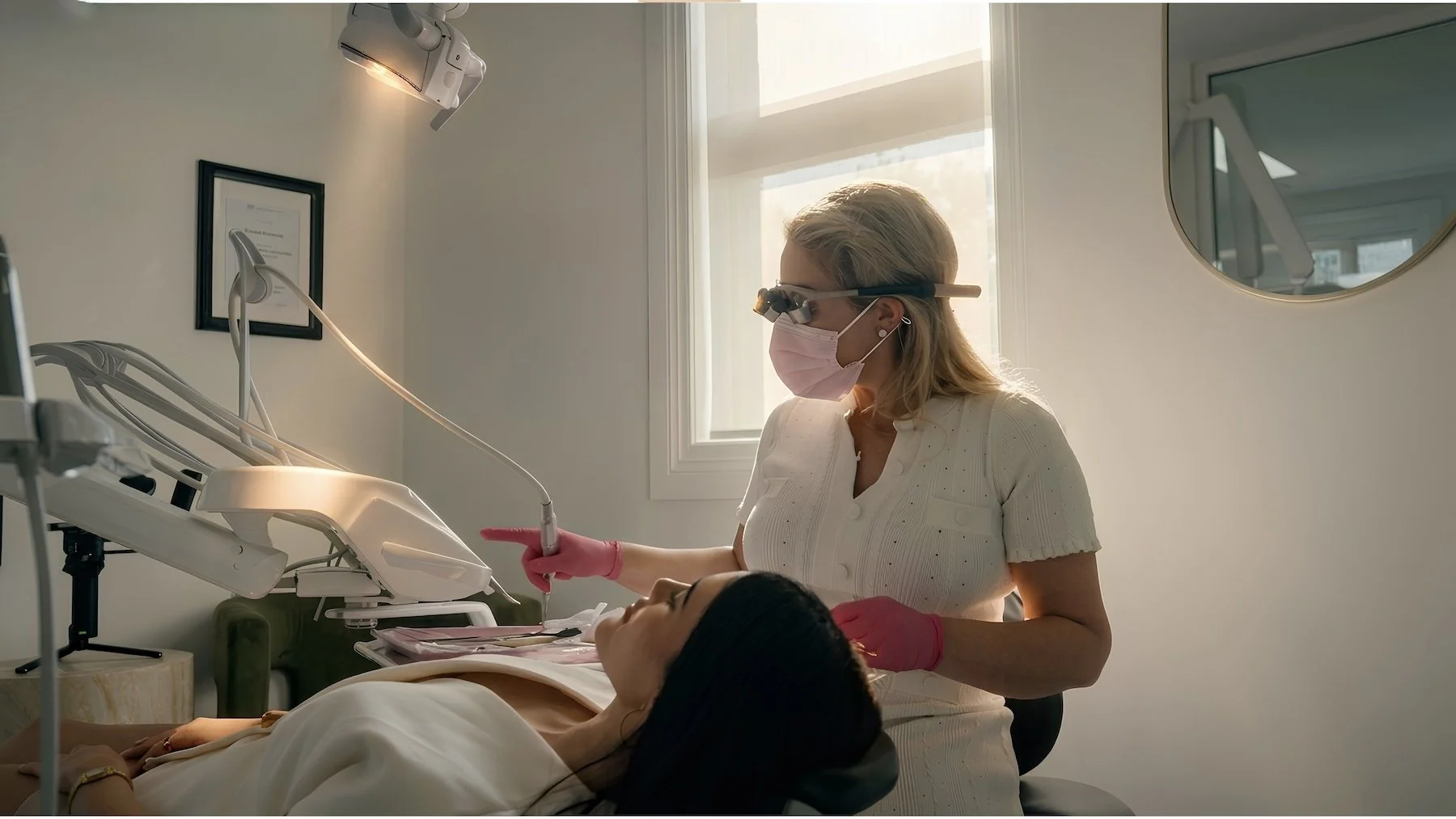 A female dentist with pink loupes, mask and gloves working on a female patient in the dental chair at Brisbane Smile Boutique dental clinic