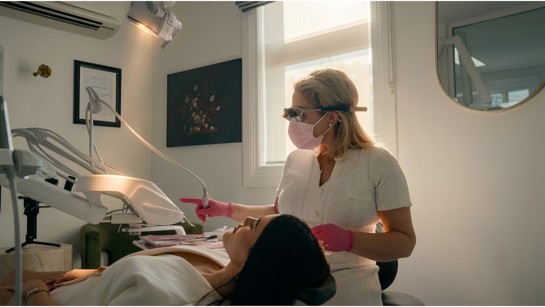 Female dentist, Dr Leila Haywood wearing loupes and a white dress with blonde hair, and pink gloves working on a patient in a dental surgery