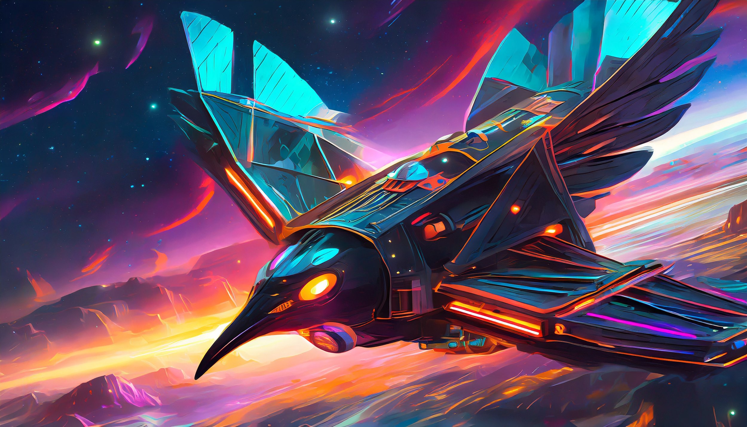 Firefly a raven-shaped spacecraft with mechnical wings bearing giant engine machines; it has a long .jpg