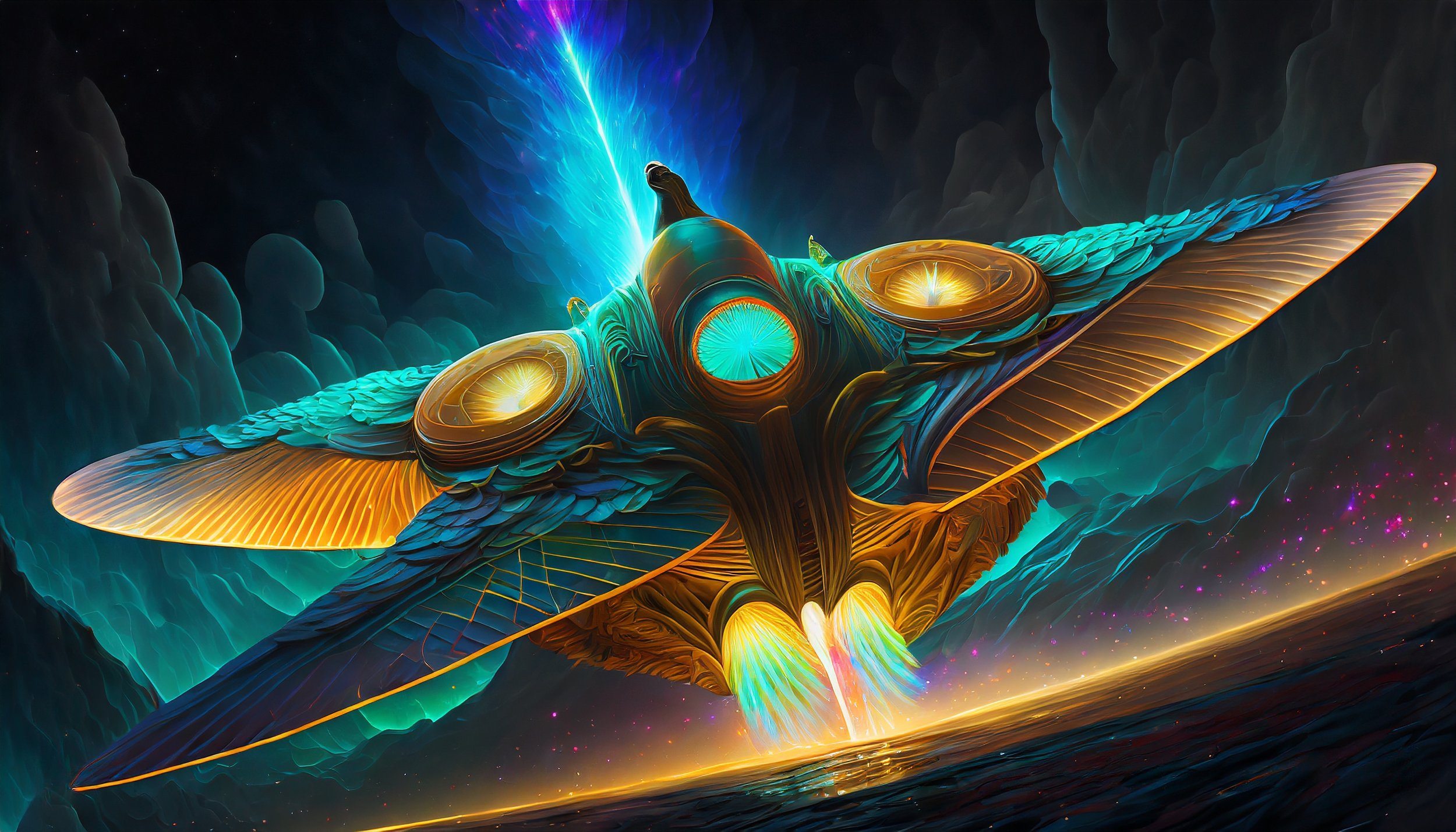 Firefly a bird-like spacecraft with wings bearing giant engine machines; it has a long gooseneck; it (3).jpg