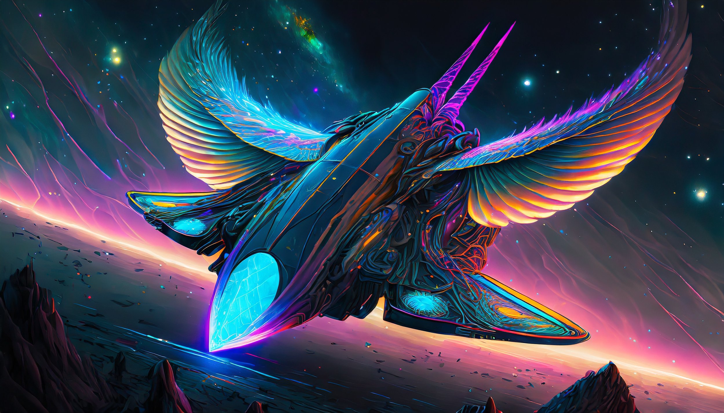 Firefly a bird-like spacecraft with wings bearing giant engine machines; it has a long gooseneck; it.jpg