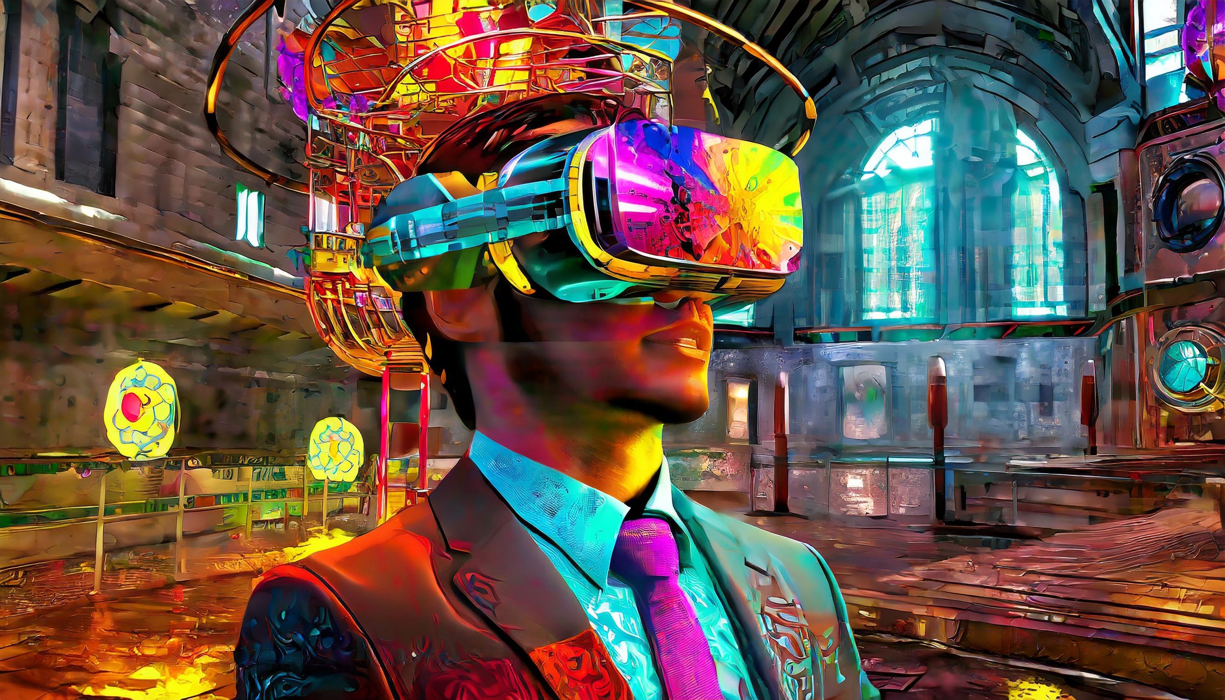 Firefly detailed render of a geeky guy wearing a suit and tie, and an electromechanical helmet with .jpg