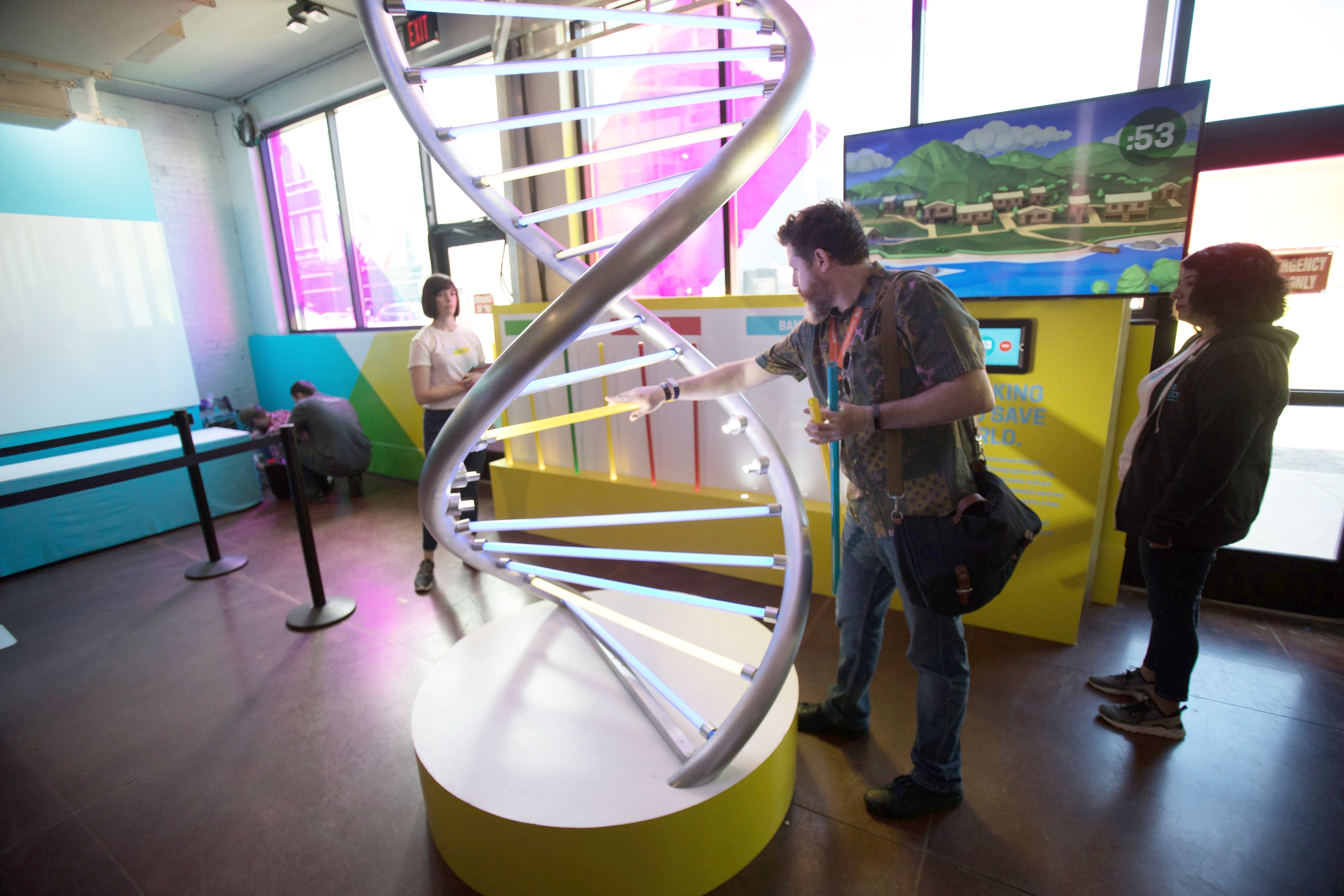  Exhibit 5: A giant  interactive DNA helix  allowed visitors to fight diseases and farm deserts. 