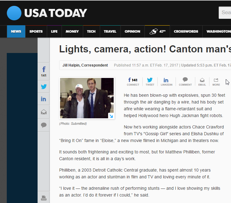 USA Today newspaper article on Holywood actor and stuntman Matthew Philliben from Canton Township.
