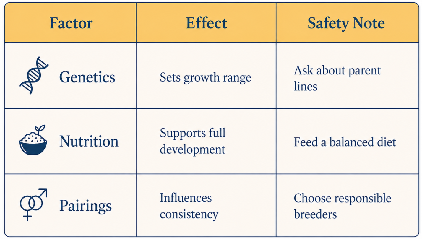 A graph explaining how big toy bernedoodles get based on factors like genetics, nutrition, and pairings, the effects, like growth range, full development, and consistency, and a safety note for each, like ask about parents, feed them a good diet