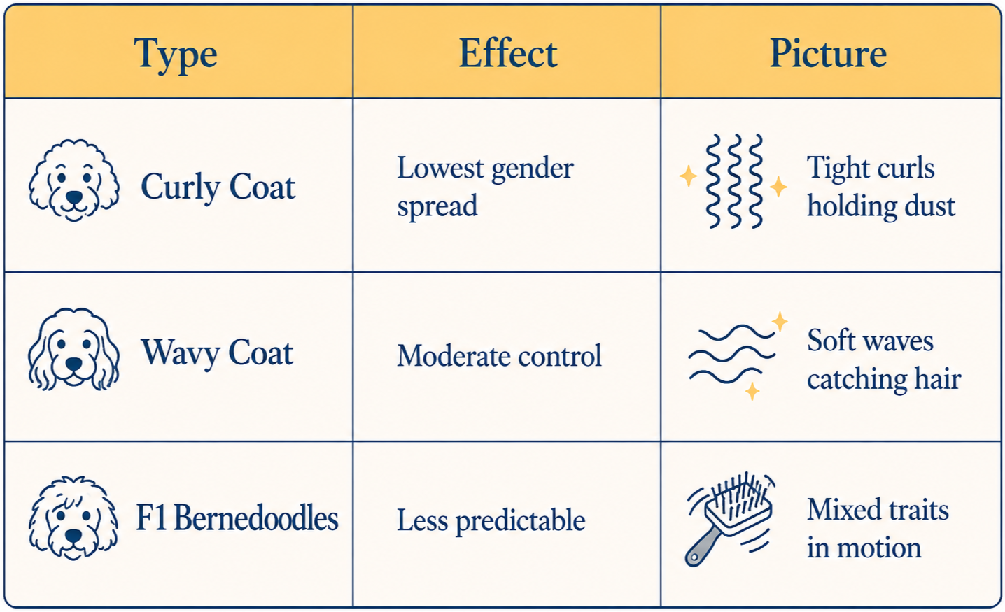 A graph showing the different coat types of bernedoodles relative to how hypoallergenic they are, the graph sections are curly coat, wavy coat, and f1 bernedoodles