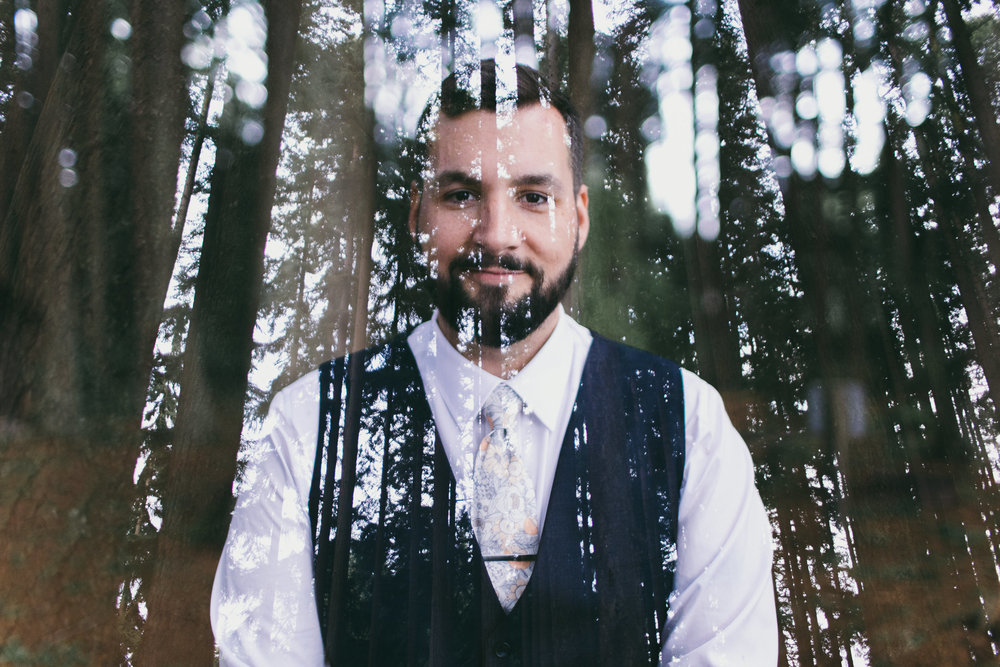 double exposure groom and trees