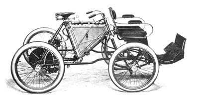  1900 - Ariel Quadricycle  Dion 344cc engine, Watercooled head 2 seater, 3 wheel single seat option Elyptical springs, pneumatic tires 
