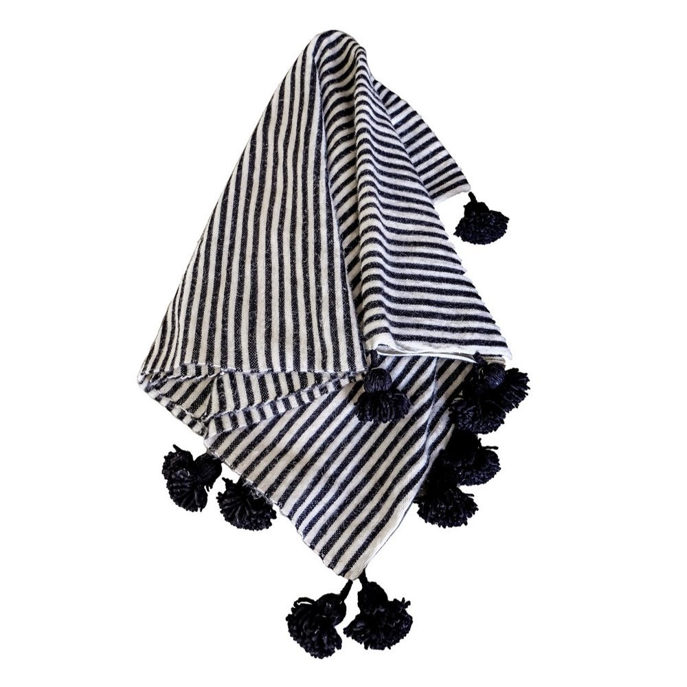 03 - MOROCCAN BLACK & WHITE STRIPE WOOL BLANKET